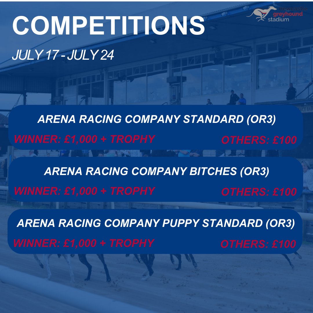 Newcastle Greyhound Stadium (@newcastledogs) on Twitter photo We're hosting THREE Category 3⃣ competitions next month❗️
▪️ Each open to 18 greyhounds
▫️ Heats: July 17. Final: July 24
▪️ Entries close at midday on Monday, July 14
📧 To enter: newcastle@gbgbracing.co.uk
Full details ⤵️
#NewcastleDogs 🐾 We're hosting THREE Category 3⃣ competitions next month❗️
▪️ Each open to 18 greyhounds
▫️ Heats: July 17. Final: July 24
▪️ Entries close at midday on Monday, July 14
📧 To enter: newcastle@gbgbracing.co.uk
Full details ⤵️
#NewcastleDogs 🐾