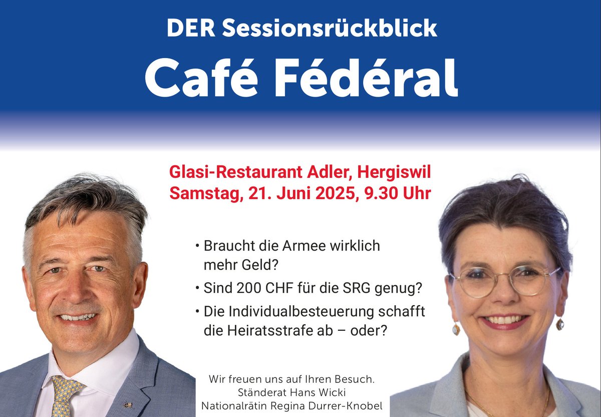 ➡ Braucht die Armee wirklich mehr Geld?
➡ Sind 200.- für die SRG genug?
➡ Schafft die Individualbesteuerung die Heiratsstrafe ab?

Willst du zu diesen und weiteren Fragen in Bundesbern aus erster Hand Näheres erfahren? Dann empfehlen wir dir den Besuch des «Café Fédéral» mit