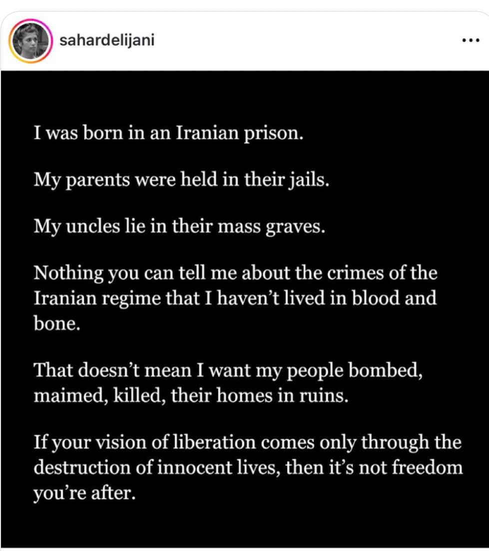 This is an incredibly powerful and moving message from an Iranian woman to Netanyahu and his extremist government in Israel.

“If your vision of liberation comes only through the destruction of innocent lives, then it's not freedom you're after.”

👇👇👇