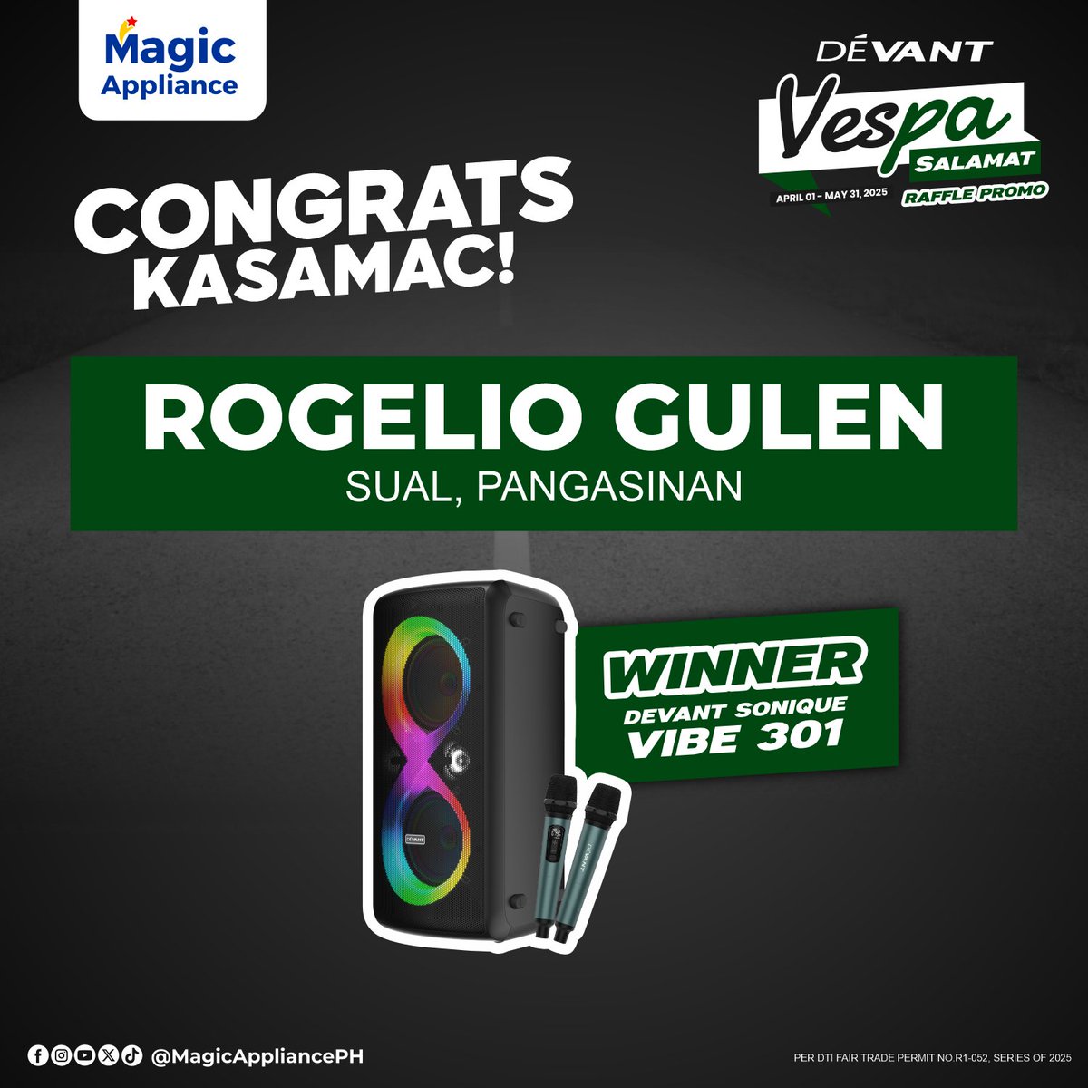 🎉 𝐂𝐎𝐍𝐆𝐑𝐀𝐓𝐔𝐋𝐀𝐓𝐈𝐎𝐍𝐒 to all our #DevantVespaSalamatRafflePromo Winners! 🎉

        • NHESTLYN DAIRY PASTORES ROY
                   
        • ARNEL EDUVALA ECLARINAL

        •ROGELIO GACAD GULEN
    
Thank you for your support, and stay tuned.