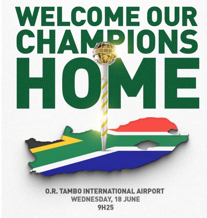 🇿🇦 27 years of waiting 

Now it’s time to welcome the WTC CHAMPIONS home 🥳

🛬 South Africa’s WTC-winning Proteas arrive

📍 OR Tambo International Airport

📅 Wednesday , 18 June

🕘 09:25

Be there. Let them feel the love they’ve earned.

#WTCFinal #ProteaFire