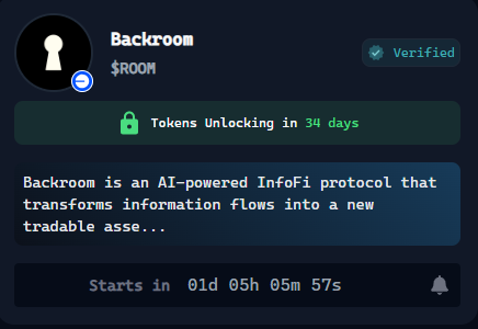 Was browsing the upcoming Genesis launches and stumbled on <a href="/useBackroom/">Backroom</a> and it stood out.  

AI-powered InfoFi that converts private alpha chats into tradable insights.   

Think: closed groups → structured alpha → new asset class.  

Set your Reminders.

<a href="/virtuals_io/">Virtuals Protocol</a>