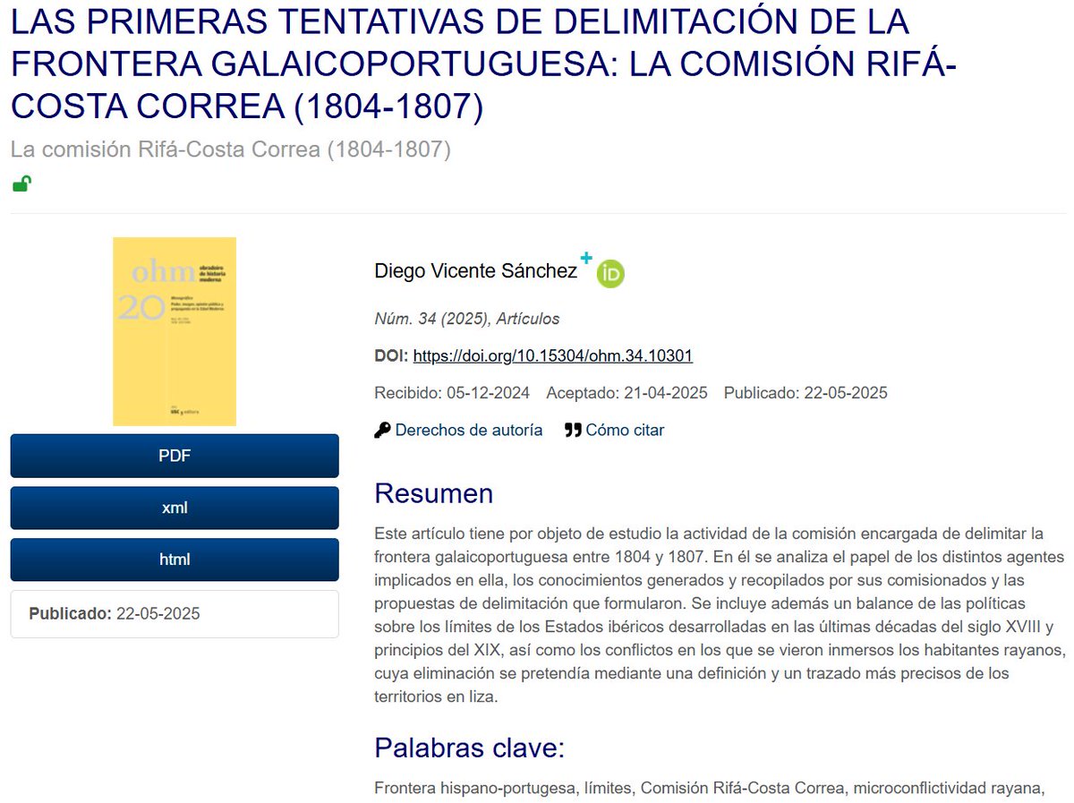 📄Hace unas semanas se publicó mi artículo en el número 34 de la revista Obradoiro de Historia Moderna, donde analizo las negociaciones para delimitar la frontera galaicoportuguesa en época de Godoy y la conflictividad entre rayanos. Puedes leerlo aquí 👉
doi.org/10.15304/ohm.3…