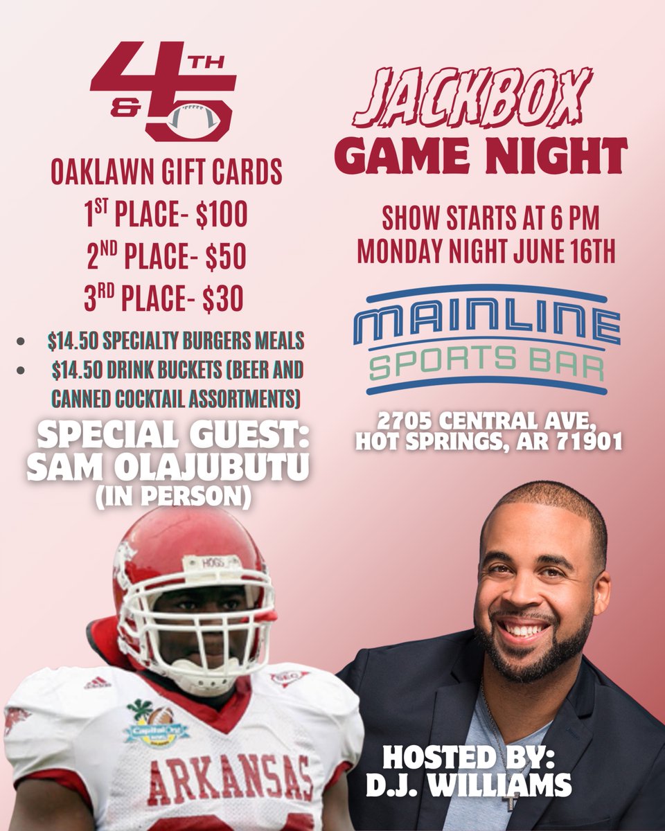 Come hang out tonight with one of the hardest hitting Linebackers in Razorback History....Sam Olajubutu! Free Entry and Starts <a href="/6pm/">Follow us @Shop6pm!</a> at the Mainline Sport Bar at <a href="/OaklawnRacing/">Oaklawn Hot Springs</a>