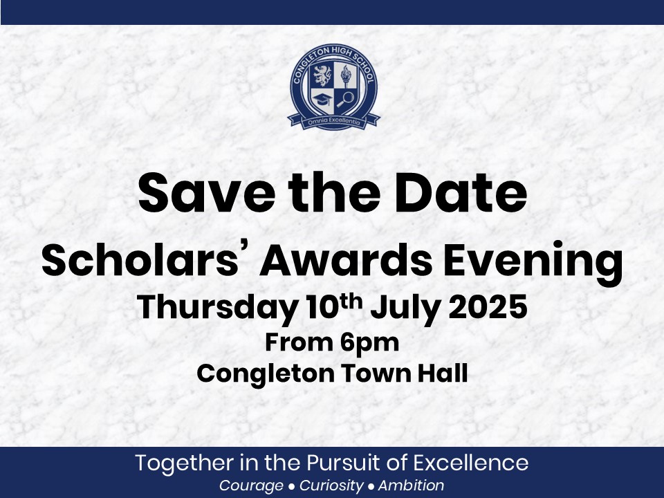 Save the Date alert! 
Our Scholars' Awards Evening, celebrating the best examples of Scholarly Excellence, School Values and House Representation, will take place on Thurs 10th July, from 6-7:30pm at the Town Hall.  We'll announce nominees soon and each student may bring a guest.