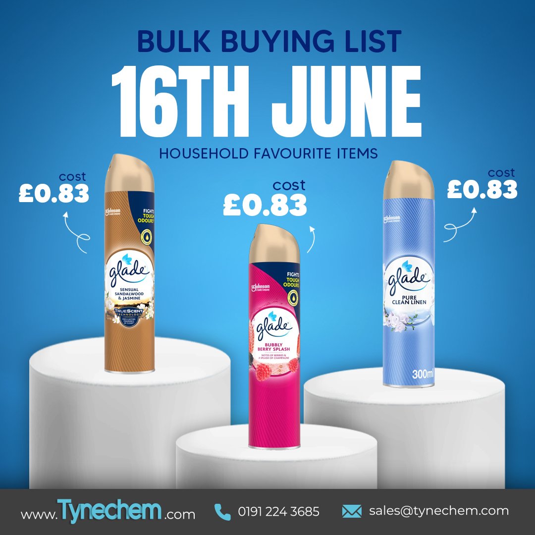 🛒 Tynechem’s 16th June Bulk Buy List is out!

Check out our Glade Air Freshener range below – ideal for pharmacies, shops &amp; clinics.

📥 Download the full list now:
👉 tynechem.com/wp-content/upl…
#Tynechem #BulkBuy #Glade #PharmacySupplies #AirFreshener
