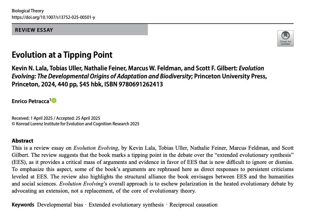 BiolTheory's tweet image. ➡️New book review out⬅️
"Evolution at a Tipping Point"
by Enrico Petracca
A review of "Evolution Evolving" by Kevin Lala, Tobias Uller, Nathalie Feiner, Marcus Feldman & Scott Gilbert
Free reading link: rdcu.be/eq9j0