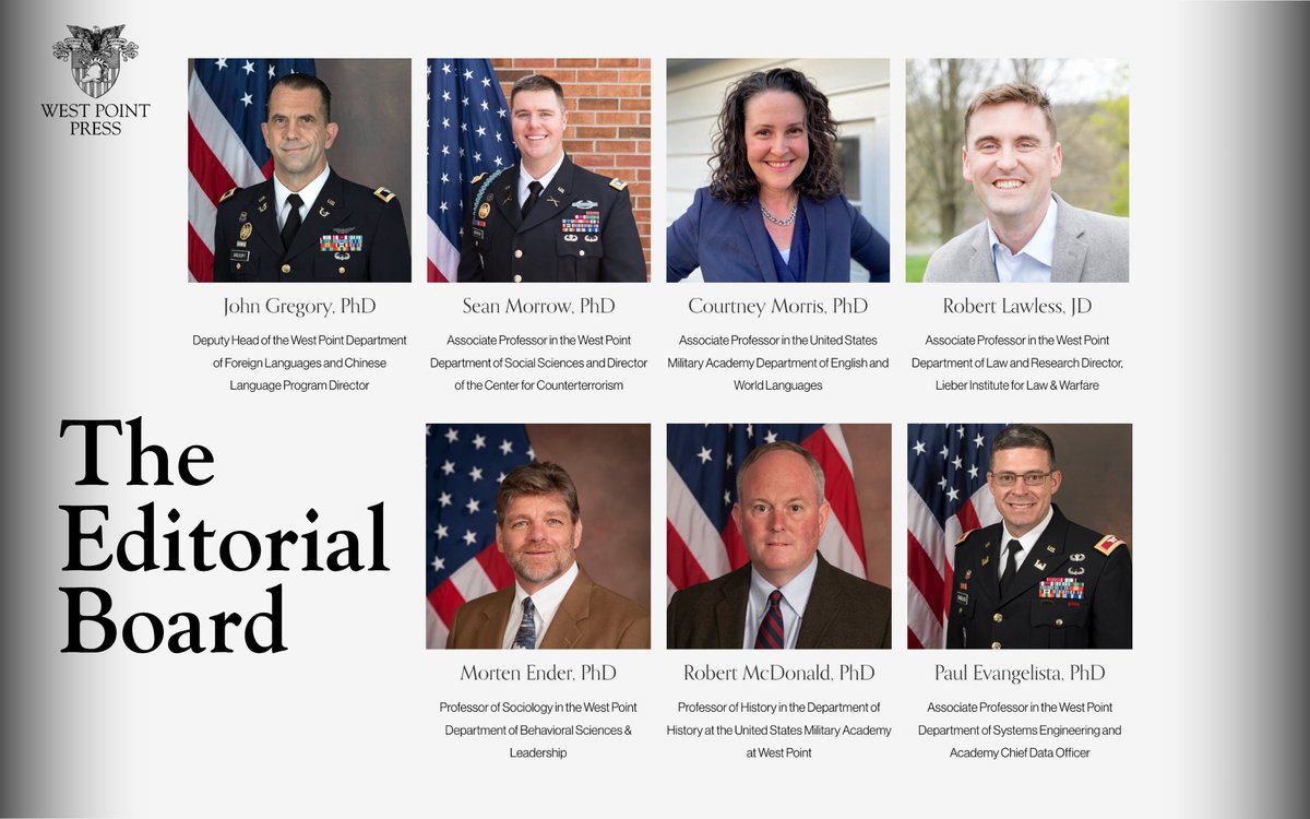WestPointPress's tweet image. At West Point Press, our USMA faculty Editorial Board meets quarterly to review peer-reviewed manuscripts. They examine reviews, author responses & a director’s overview. A majority vote is required. This month, an updated Thayer Biography and more were approved!