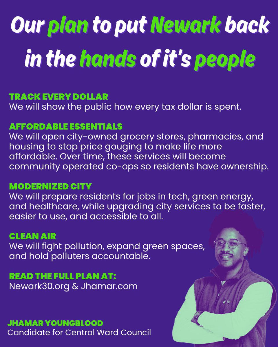 jhamar's tweet image. We have a real plan to fight corruption, lower prices, and reduce pollution in our city.
1. Read v1 of our plan at Newark30.org
2. Join the movement
3. Help us protect our city
We vote for this plan on November 4, 2025.