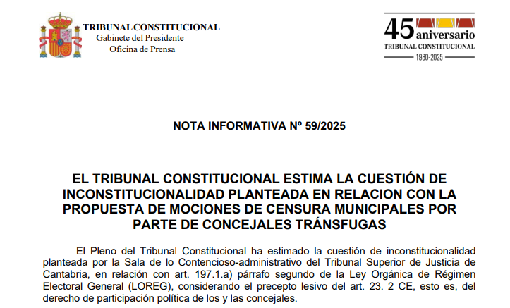 Nota de prensa | El Tribunal Constitucional estima la cuestión de inconstitucionalidad planteada en relación con la propuesta de mociones de censura municipales por parte de concejales tránsfugas tribunalconstitucional.es/NotasDePrensaD…