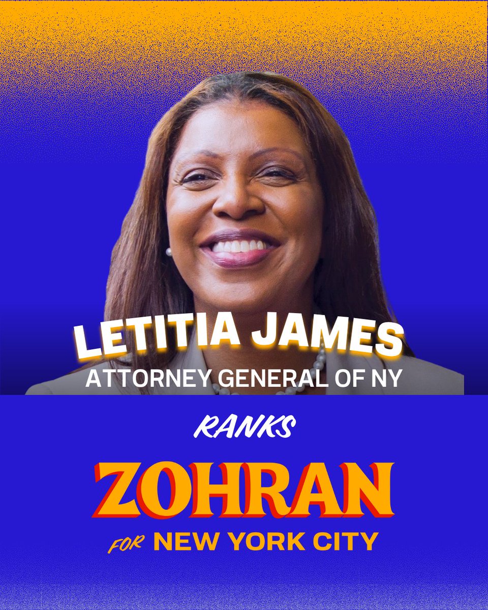 Zohran Kwame Mamdani (@zohrankmamdani) on Twitter photo With <a href="/TishJames/">Tish James</a> as our AG, New Yorkers have a champion for the rule of law, a fighter who stands up for working people over greedy corporations, and a leader who has taken on Donald Trump and Andrew Cuomo—and won. I am so proud to have her support. With <a href="/TishJames/">Tish James</a> as our AG, New Yorkers have a champion for the rule of law, a fighter who stands up for working people over greedy corporations, and a leader who has taken on Donald Trump and Andrew Cuomo—and won. I am so proud to have her support.
