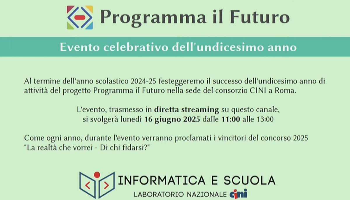 Programma_il_Futuro (@programmafuturo) on Twitter photo Tra pochi minuti comincerà qui la diretta web #concorsoPIF2025 dal <a href="/ConsorzioCINI/">Consorzio CINI</a> ▶️shorturl.at/FlgHx Tra pochi minuti comincerà qui la diretta web #concorsoPIF2025 dal <a href="/ConsorzioCINI/">Consorzio CINI</a> ▶️shorturl.at/FlgHx
