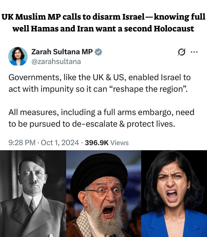 As Hamas, Iran, and their proxies vow to destroy Israel, a UK Muslim MP amplifies calls to disarm the only Jewish state.
Because nothing says “peace” like helping jihadists finish what Hitler started

British MP Zarah Sultana knows exactly what would happen if Israel couldn’t
