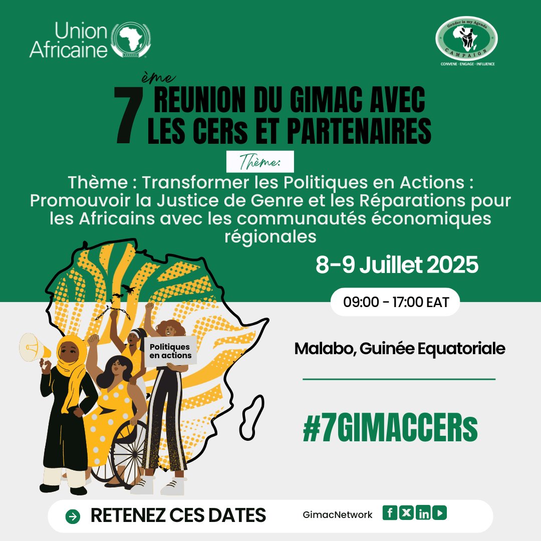 🚨 La 7ᵉ réunion GIMAC/CER et partenaires 
📅 Thème : Transformer les politiques en actions : Promouvoir la justice de genre et les réparations
📍 Malabo, Guinée équatoriale
Passons des paroles aux actes! ✊🏾
#7GIMACCERs #JusticePourLesAfricains #JusticeDeGenre