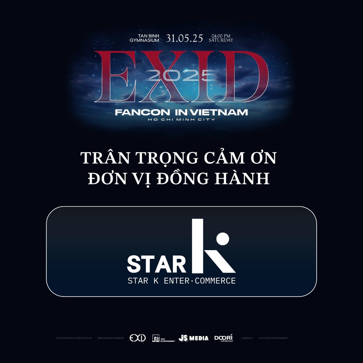 💛 TRI ÂN ĐƠN VỊ ĐỒNG HÀNH 💛

Ngày 31/5 vừa qua, sự kiện EXID 2025 FANCON IN VIETNAM đã diễn ra thành công tốt đẹp. Để có được thành công trong sự kiện quan trọng lần này, không thể thiếu sự hỗ trợ quý báu từ các Đơn vị đồng hành. JS Media xin gửi lời tri