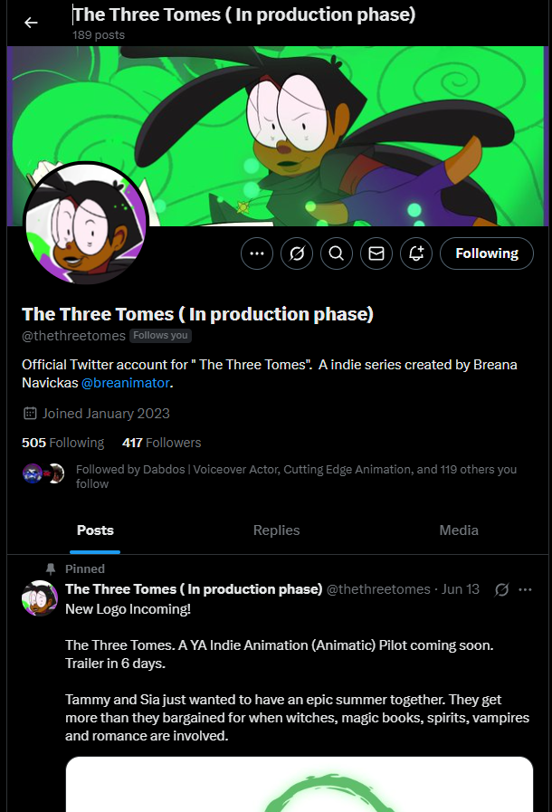 Breana Navickas (@breanimator) on Twitter photo Hey. Do you wanna support an Indie Animation ( Animatic) Pilot by a black queer femme creator? An Indie animation pilot about Vampires, and romance and teen melodrama and magic?
Maybe give the account for " The Three Tomes" a follow to keep up with what's up. <a href="/thethreetomes/">The Three Tomes ( In production phase)</a> Hey. Do you wanna support an Indie Animation ( Animatic) Pilot by a black queer femme creator? An Indie animation pilot about Vampires, and romance and teen melodrama and magic?
Maybe give the account for " The Three Tomes" a follow to keep up with what's up. <a href="/thethreetomes/">The Three Tomes ( In production phase)</a>