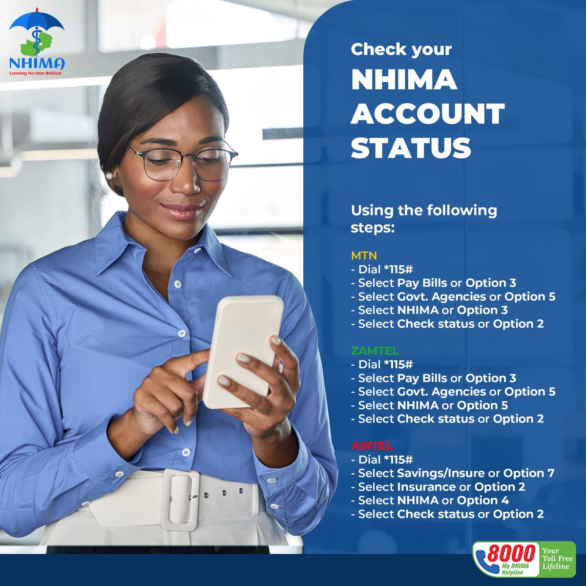 Don’t wait for an emergency to find out!

Keep track of your NHIMA account status to ensure your employer is meeting their obligations. A quick check can save you from unexpected inconveniences when you need care the most.

#LeavingNoOneBehind