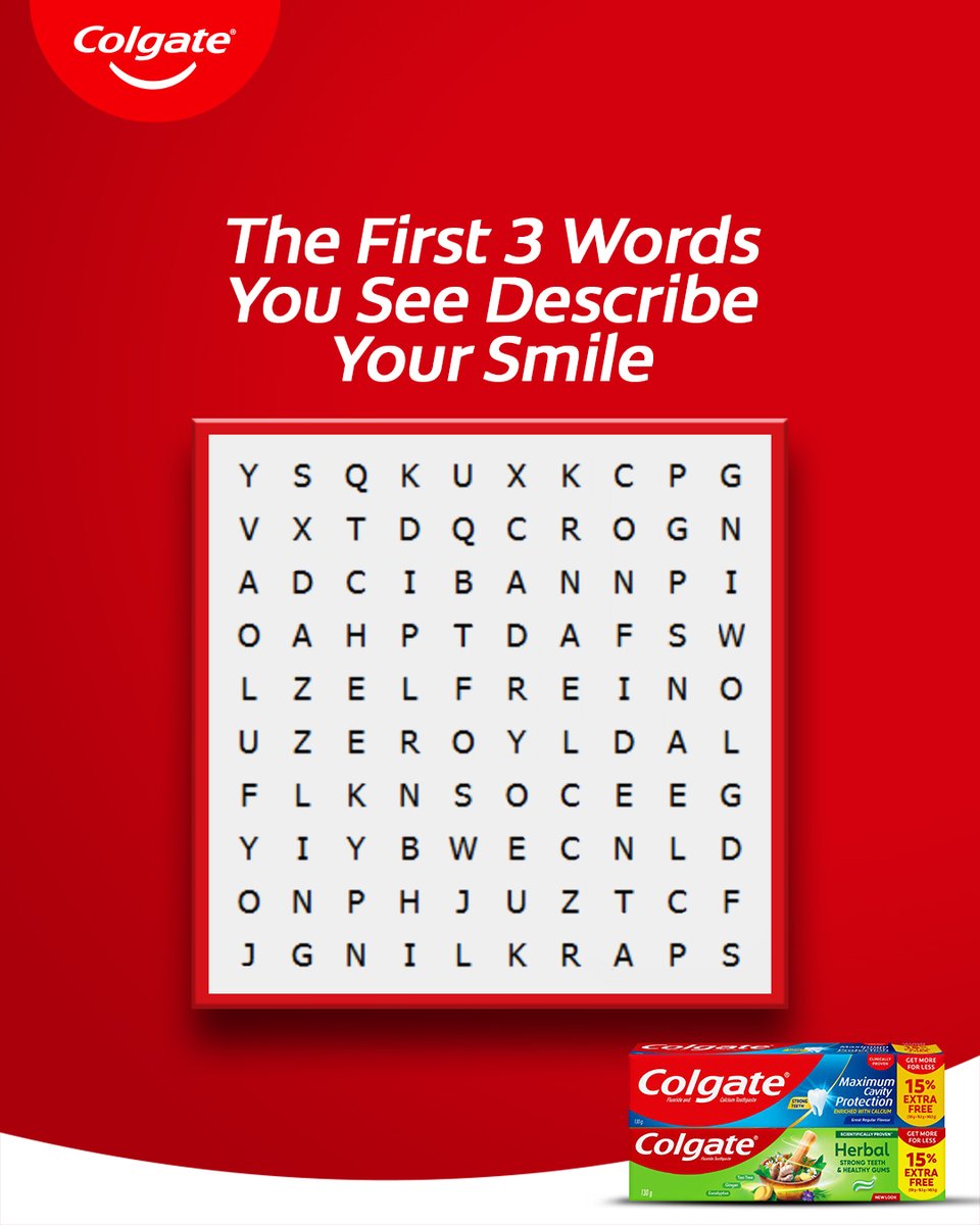 colgate_ng's tweet image. The first 3 words you find say a lot about your smile personality!😄
Comment below and tag a friend to take the challenge too.

#YangaWithYourSmile #ColgateNigeria #SmileChallenge