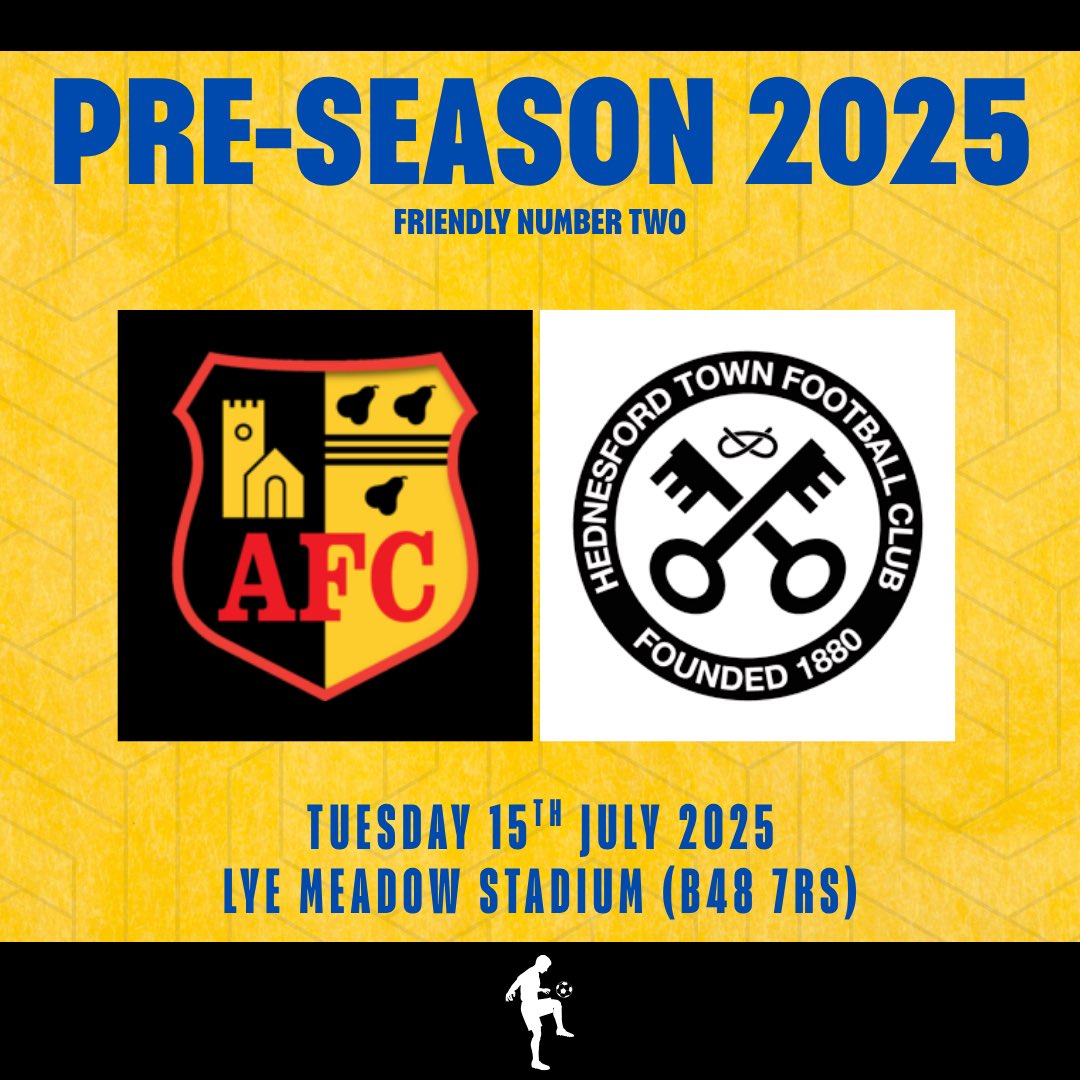 Alvechurch FC (@alvechurch1st) on Twitter photo π Alvechurch FC can confirm that we are set to host <a href="/Hednesford_Town/">Hednesford Town FC</a> on Tuesday 15th July 2025 at Lye Meadow in a pre-season friendly.
Kick-off will be at 19:45pm. Further details will be released in due course. π Alvechurch FC can confirm that we are set to host <a href="/Hednesford_Town/">Hednesford Town FC</a> on Tuesday 15th July 2025 at Lye Meadow in a pre-season friendly.
Kick-off will be at 19:45pm. Further details will be released in due course.