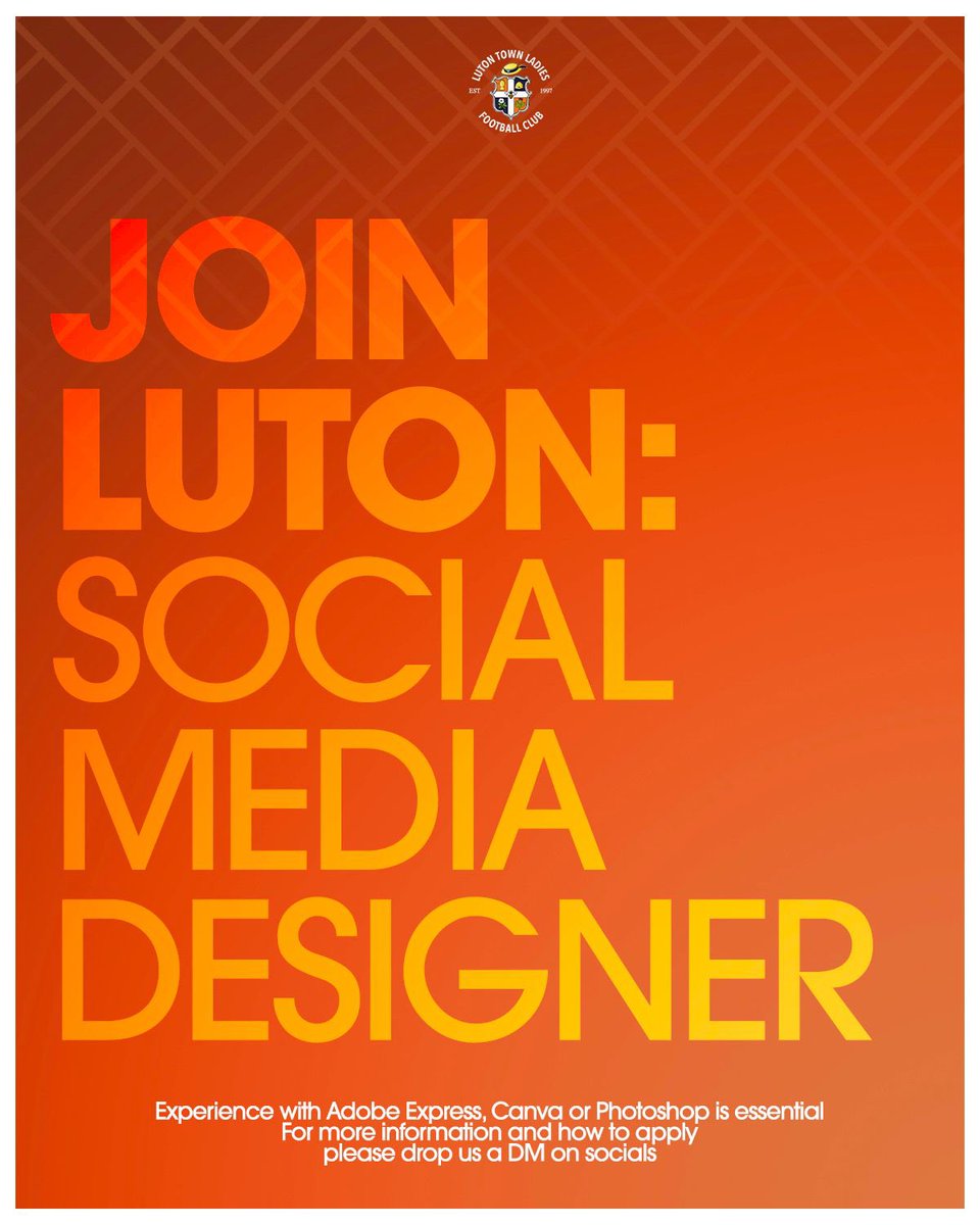 LutonTownLadies's tweet image. 𝐉𝐎𝐈𝐍 𝐋𝐔𝐓𝐎𝐍.

We have an exciting opportunity for an experienced Social Media Graphic Designer to join our team. 

You will be the sole graphic designer, so if you love responsibility and desire a platform to showcase your work, then this role is perfect for you! 

The…