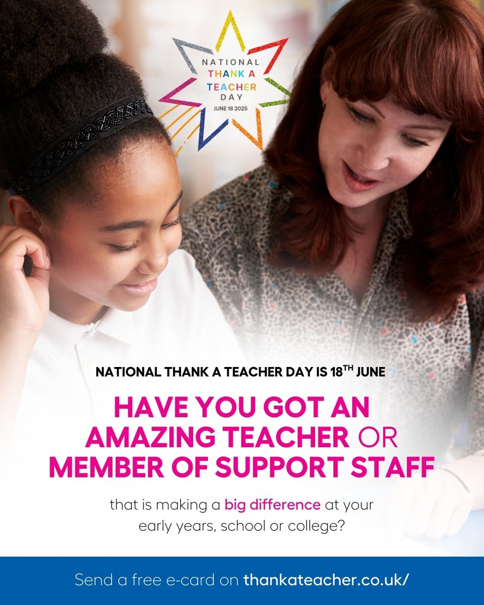 It's National #ThankaTeacherDay on Wednesday. Would you like to say thank you to any teachers, mentors or support staff who have made a difference to your teacher training journey? Why not give them a shout out by sending them a free e-card: ow.ly/jKwW50W9S3A
