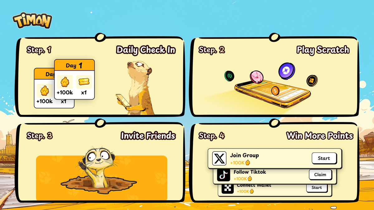 Ready to Scratch and Win for FREE? 🕹️

Did we mention it costs ZERO to join our scratch game with 4 STEP?

👉 t.me/TimonFunBot/ti…

Here’s how to jump in:
1️⃣ Daily Check-In: Just show up, claim your free point &amp; golden ticket.

2️⃣ Scratch Tickets: Use your Golden or Diamond