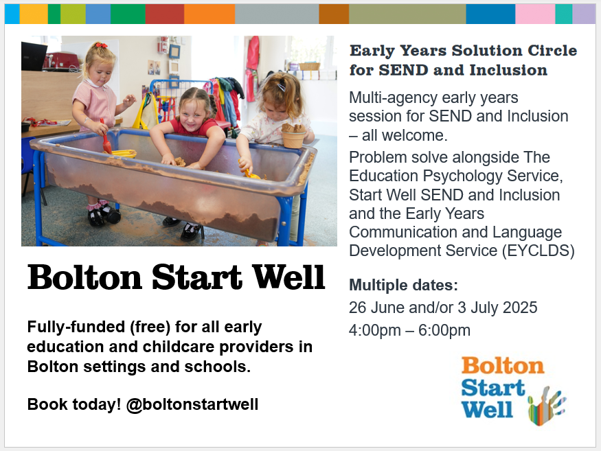 EY Solution Circles for SEND and Inclusion

Open to all EYPs in Bolton. Come and solve problems together and work on new ideas to meet children's needs in a collaborative, informal way, alongside EY colleagues and agencies.

26 Jun / 3rd Jul (4-6pm)

boltonstartwell.org.uk/courses