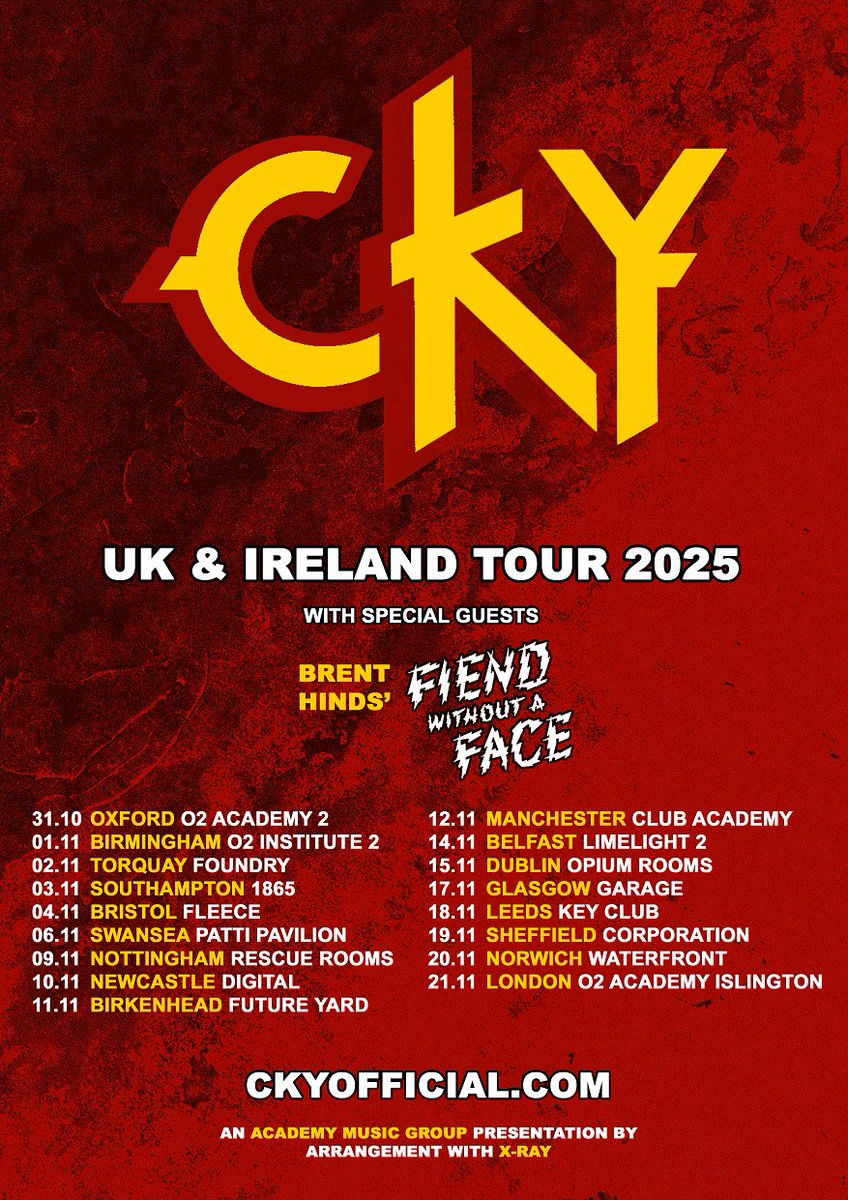 ckymusic's tweet image. UK & IRELAND TOUR 2025 - This fall, #CKY returns for our first headline tour of the UK and Ireland in over five years, and we'll be joined by our good friend Brent Hinds' Fiend Without A Face!
Tix on sale Thursday, 19 June @ 10 AM
Visit ckyofficial.com for ticket links.