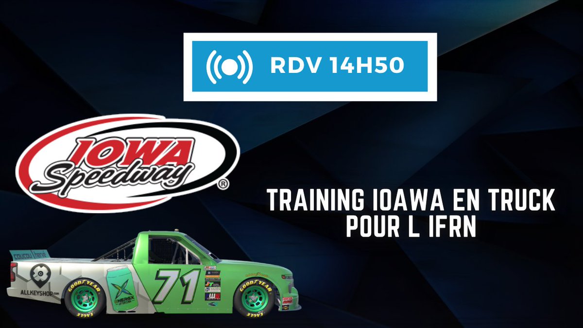 Aloha ! Euh non iowa haha

Allez on se retrouve a 14h50 oui car ça démarre a 15h sur Iowa en truck pour s'entraîner sur ce tracé avant la course <a href="/ligue_ifrn/">i-FRN | Ligue francophone de NASCAR iracing</a> de ce soir 😉

A tout sur twitch !
