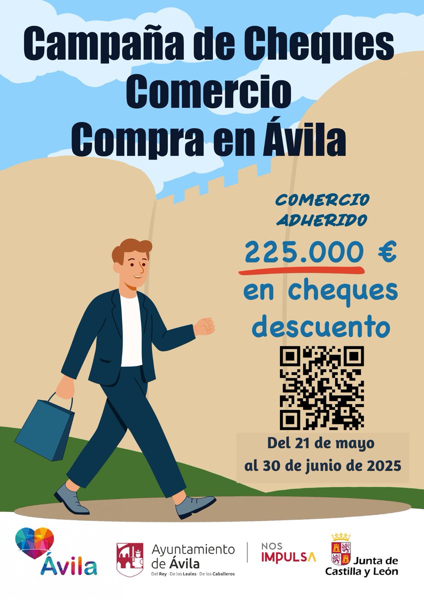 AVILACTIVA's tweet photo. Abierta la campaña de Cheques #comercio, Compra en #ávila hasta el 30 de junio. Con más de 16 años y padrón en #ávila, tienes acceso a 2 bonos (10€ cada uno) a gastar en comercios adheridos. Más información en @AVILACTIVA https://t.co/CgNCs8IoYA https://t.co/zC22jnY9W2