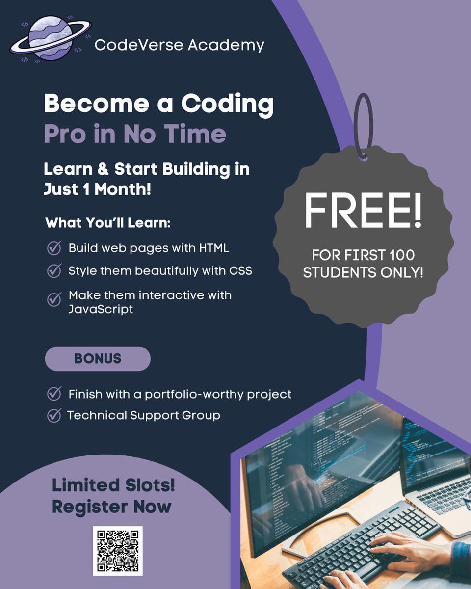 CodeverseA's tweet image. Unlock Your Potential! Join our FREE 1-month coding class & gain hands-on experience in HTML, CSS & JavaScript Sign up now & start coding your way to success!
Only the first 100 participants will be trained for free!
Click on this link to join 
chat.whatsapp.com/JzJFboBQIACI49…
#coding
