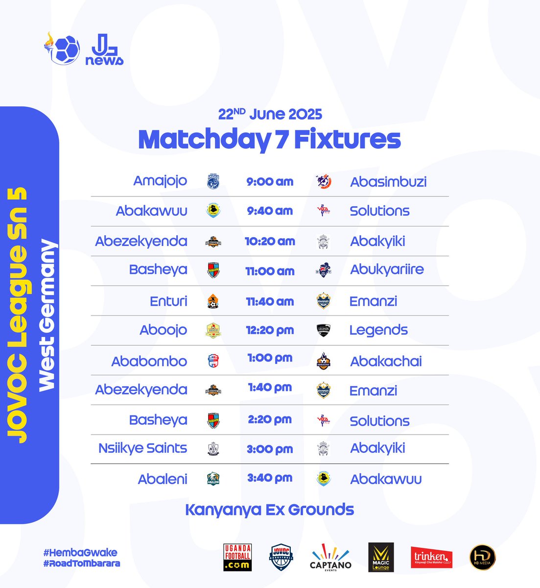 THE JOVOC LEAGUE (@thejovocleague) on Twitter photo Matchday 7 – This Sunday, 22nd June 2025.
Kanyanya Ex Grounds.
Table-toppers <a href="/Solutions2001/">Solutions</a> 🆚 Reigning champs <a href="/abakawuu/">ABAKAWUU⭐⭐ - JL BACK TO BACK CHAMPIONS</a>
It’s not just a match, it’s a statement!
Derby Alert: <a href="/AbabomboFc/">Ababombo FC</a> vs <a href="/legends_2003/">The Legends</a>
— History, heat & hustle collide!
Who runs the turf?
Good music.
Plenty Matchday 7 – This Sunday, 22nd June 2025.
Kanyanya Ex Grounds.
Table-toppers <a href="/Solutions2001/">Solutions</a> 🆚 Reigning champs <a href="/abakawuu/">ABAKAWUU⭐⭐ - JL BACK TO BACK CHAMPIONS</a>
It’s not just a match, it’s a statement!
Derby Alert: <a href="/AbabomboFc/">Ababombo FC</a> vs <a href="/legends_2003/">The Legends</a>
— History, heat & hustle collide!
Who runs the turf?
Good music.
Plenty