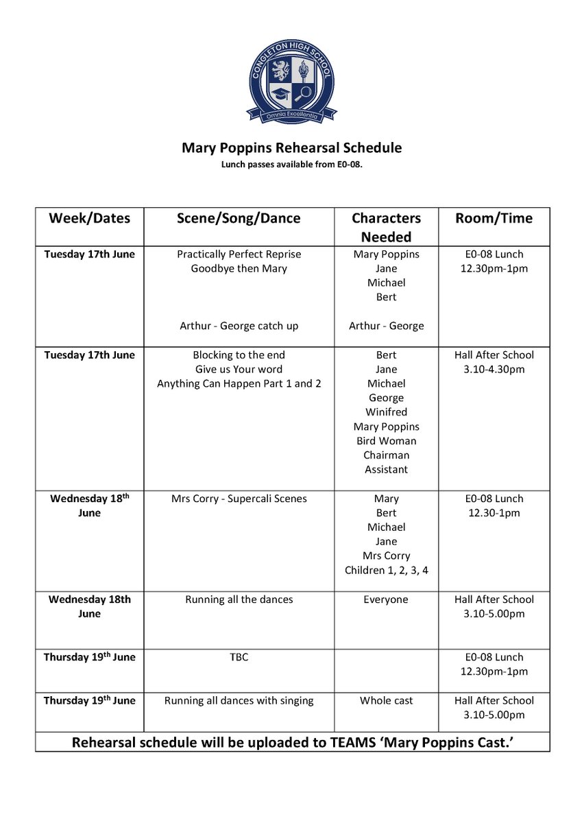 Students, Parents and Carers: Here's our Mary Poppins rehearsal schedule for this week. Please speak with one of the Performing Arts team if you have any questions. #TogetherInThePursuitOfExcellence