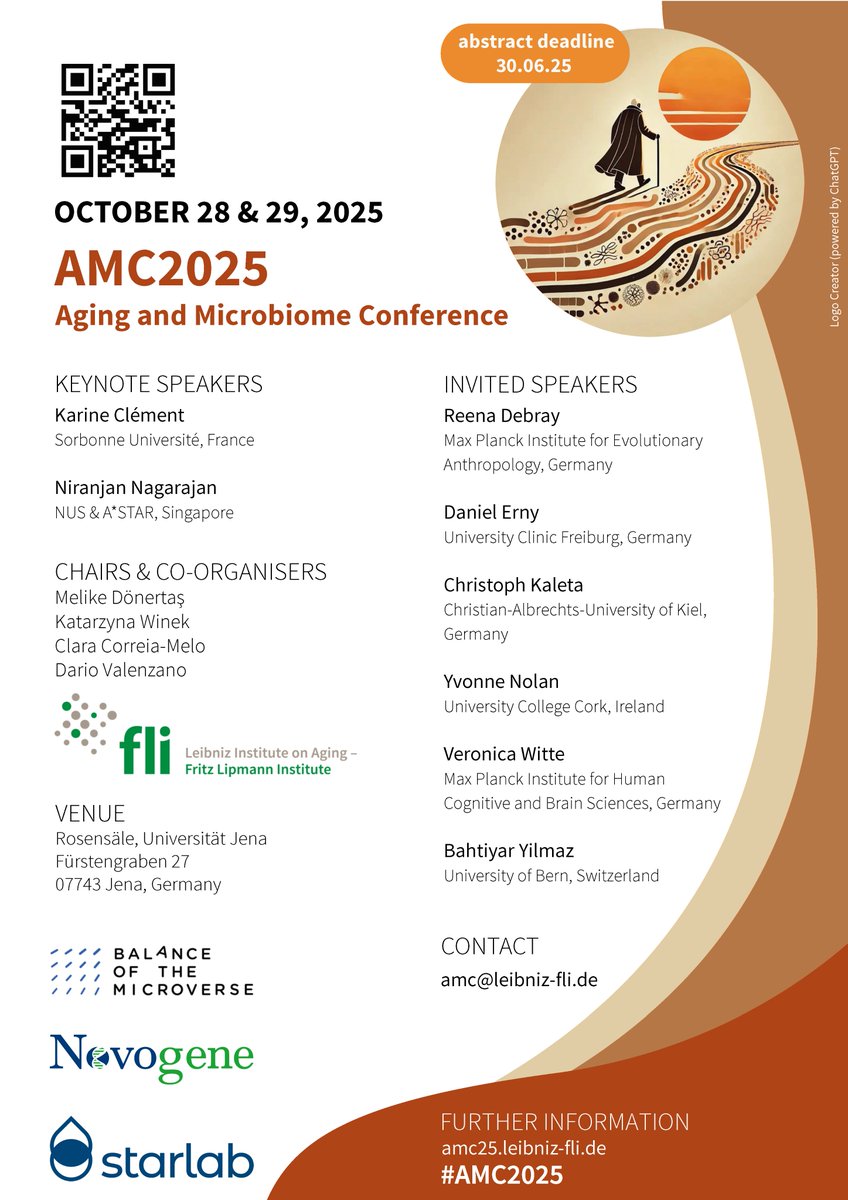 📢 Update! The abstract submission deadline for the #AMC2025 Aging and Microbiome Conference has been extended to June 30, 2025!

🔗 amc25.leibniz-fli.de
📌 Jena, Germany
📆 Oct 28-29, 2025