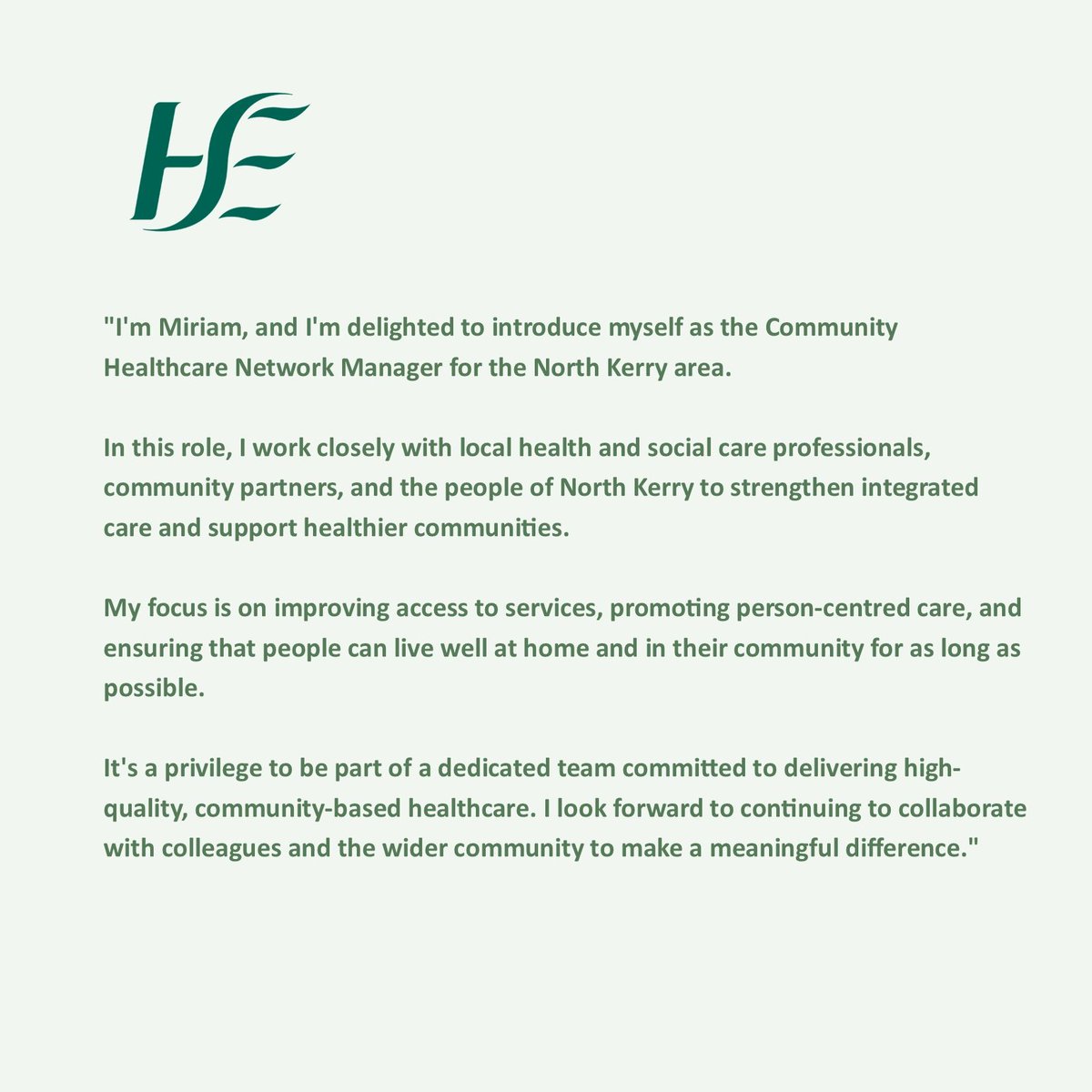 CKCH_CHN1's tweet image. Over the Summer, we will be introducing our team to you all. We will begin with Miriam, CHN1 Network Manager.
#CommunityCare #NorthKerry #HealthcareIntegration #HSE #Sláintecare #WorkingTogether
