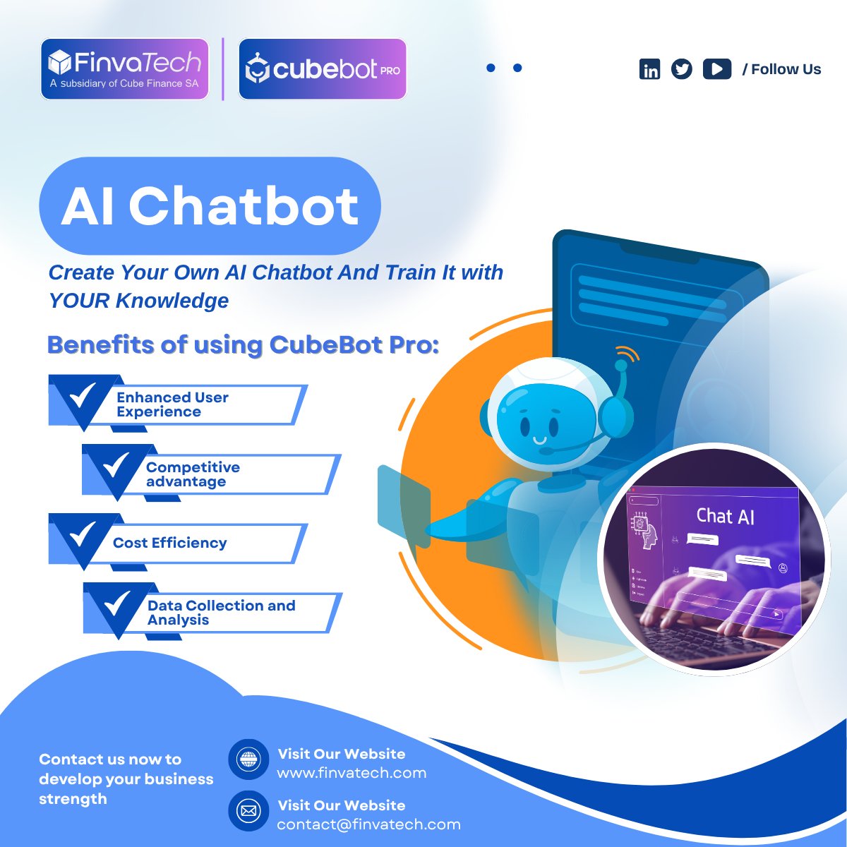FinvaTech_com's tweet image. 🤖 Train your own AI chatbot with your business expertise using CubeBot Pro by Finva Tech!

⚡ Enhanced UX
📊 Real-time insights
💸 Cost-efficient
💼 Built for professionals

👉 finvatech.com
.
#AIchatbot #CubeBot #AI #FinvaTech #Automation #aiinbusinesssuccess