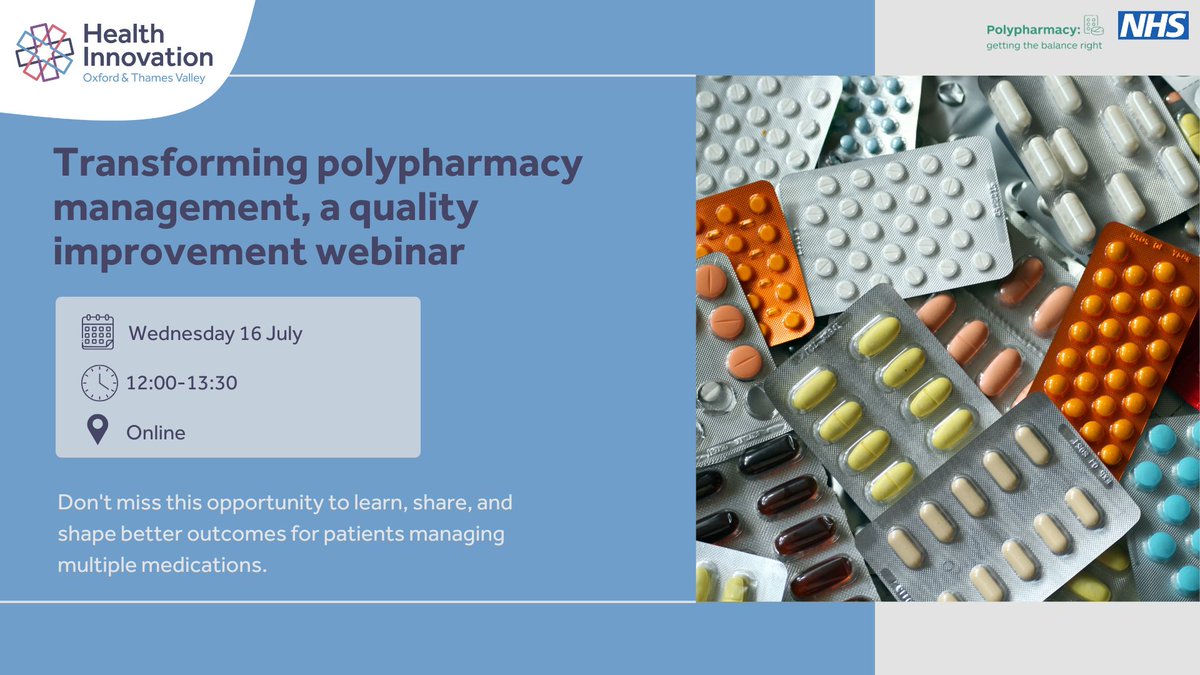 Health Innovation Oxford & Thames Valley (@healthinnovox) on Twitter photo We’re hosting a practical QI webinar on transforming polypharmacy management, supporting patients who take multiple medications. It features examples of improved safety & optimised care from @NHSBOBICB <a href="/FrimleyHC/">FrimleyHealth&CareICS</a> <a href="/BLMKHealthCare/">NHS BLMK Health and Care Partnership 💙</a>.
🗓️ 16 July, 12.00-13.30
📝 events.teams.microsoft.com/event/3cf22883… We’re hosting a practical QI webinar on transforming polypharmacy management, supporting patients who take multiple medications. It features examples of improved safety & optimised care from @NHSBOBICB <a href="/FrimleyHC/">FrimleyHealth&CareICS</a> <a href="/BLMKHealthCare/">NHS BLMK Health and Care Partnership 💙</a>.
🗓️ 16 July, 12.00-13.30
📝 events.teams.microsoft.com/event/3cf22883…