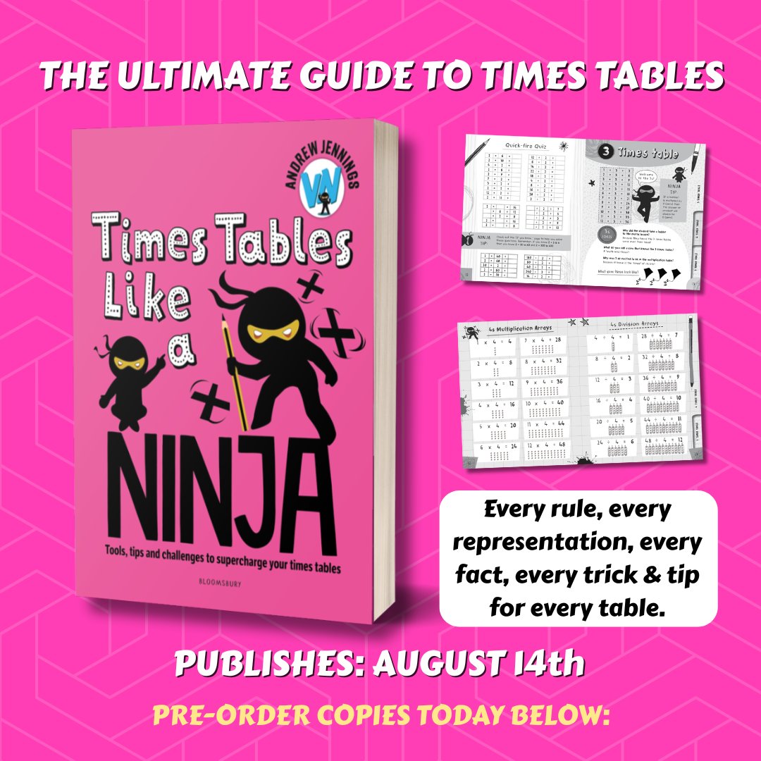 🧠✖️TIMES TABLE LIKE A NINJA✖️🧠 PUBLISHES AUGUST 14th

💪THE ULTIMATE GUIDE TO TIMES TABLES 💪

📕Pre-Order Copies Today - bit.ly/43KOmjO

#timestables #learntimestables #teacher #primaryschool #primaryteacher #parent #timestableshelp #school #education
