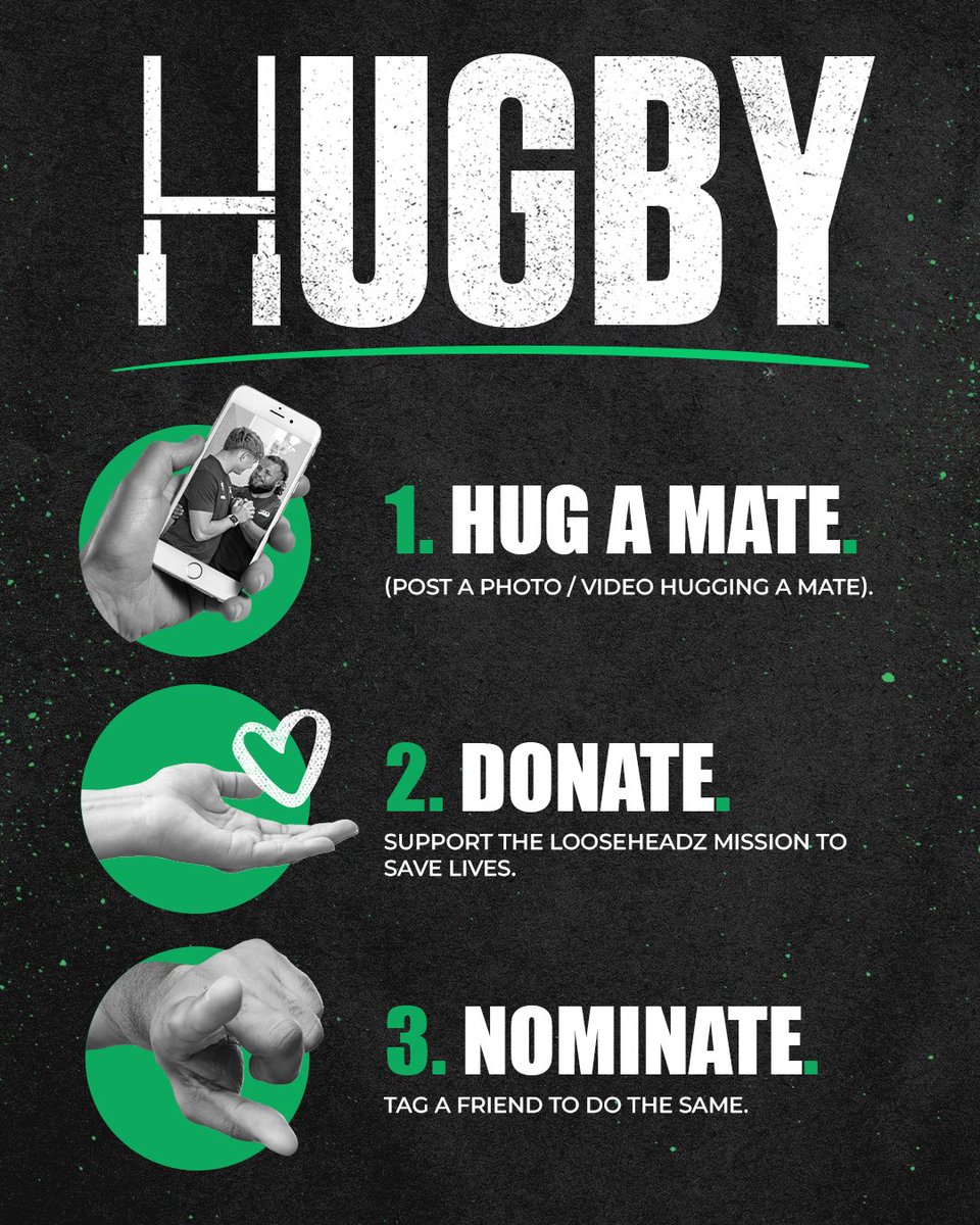 Get involved with our latest campaign - HUGBY 🖤🤍

1. Post a photo / video hugging a mate 🫂
2. Donate to LooseHeadz if you can 🤝
3. Nominate a friend to do the same 🫵

Show your support. Send a message that matters. Get involved today.

#HUGBY
#TackleTheStigma 🗣️
