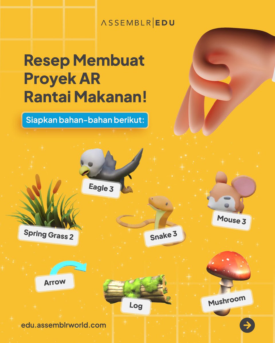 assemblrworld's tweet image. 📝 Resep Proyek AR 📝
Tutorial untuk membuat proyek 3D/AR interaktif tentang “Rantai Makanan” 

A Thread 📌

#AssemblrEDU #AlatPeraga #3D #AR #Tutorial #Resep #Interaktif #BelajarSeru