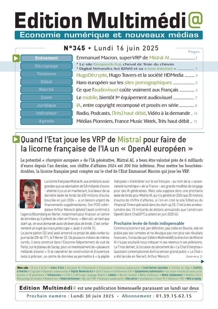 Charles de Laubier (@c2laubier) on Twitter photo L’Etat français, <a href="/EmmanuelMacron/">Emmanuel Macron</a> et <a href="/NicolasDufourcq/">Nicolas Dufourcq</a> en tête, joue les VRP de <a href="/MistralAI/">Mistral AI</a> pour faire de la #licorne tricolore de l’#IA un "OpenAI européen". Le PDG cofondateur Arthur Mensch n'aurait pas trouvé meilleurs commerciaux qu'eux. Reste à monétiser editionmultimedia.fr/au-sommaire-du… L’Etat français, <a href="/EmmanuelMacron/">Emmanuel Macron</a> et <a href="/NicolasDufourcq/">Nicolas Dufourcq</a> en tête, joue les VRP de <a href="/MistralAI/">Mistral AI</a> pour faire de la #licorne tricolore de l’#IA un "OpenAI européen". Le PDG cofondateur Arthur Mensch n'aurait pas trouvé meilleurs commerciaux qu'eux. Reste à monétiser editionmultimedia.fr/au-sommaire-du…