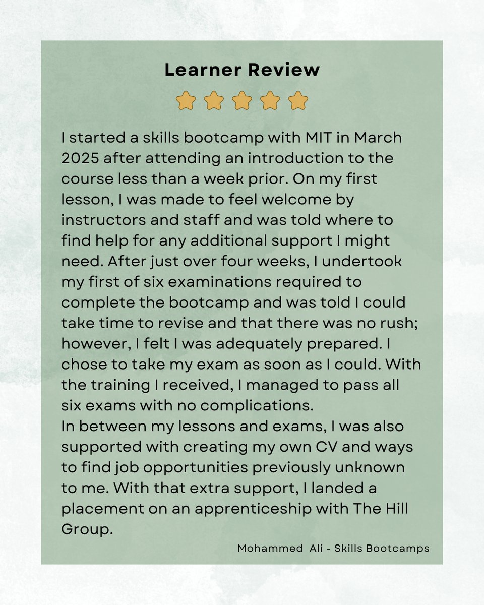 Another fantastic success story! Mohammed Ali crushed all six exams after our skills bootcamp with MITSkills and secured an apprenticeship with The Hill Group thanks to the training and career support received. Amazing work, Mohammed! 👏

#SuccessStory #MITSkills #SkillsBootcamps