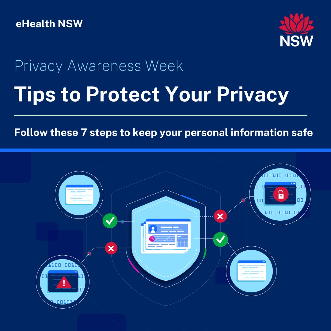 eHealthNSW's tweet image. It’s #PrivacyAwarenessWeek! 🔒 

Small actions make a big impact. Protect your info with these easy tips 👉 bit.ly/3p1V9ni 

#PAW2025 #CyberSecurity