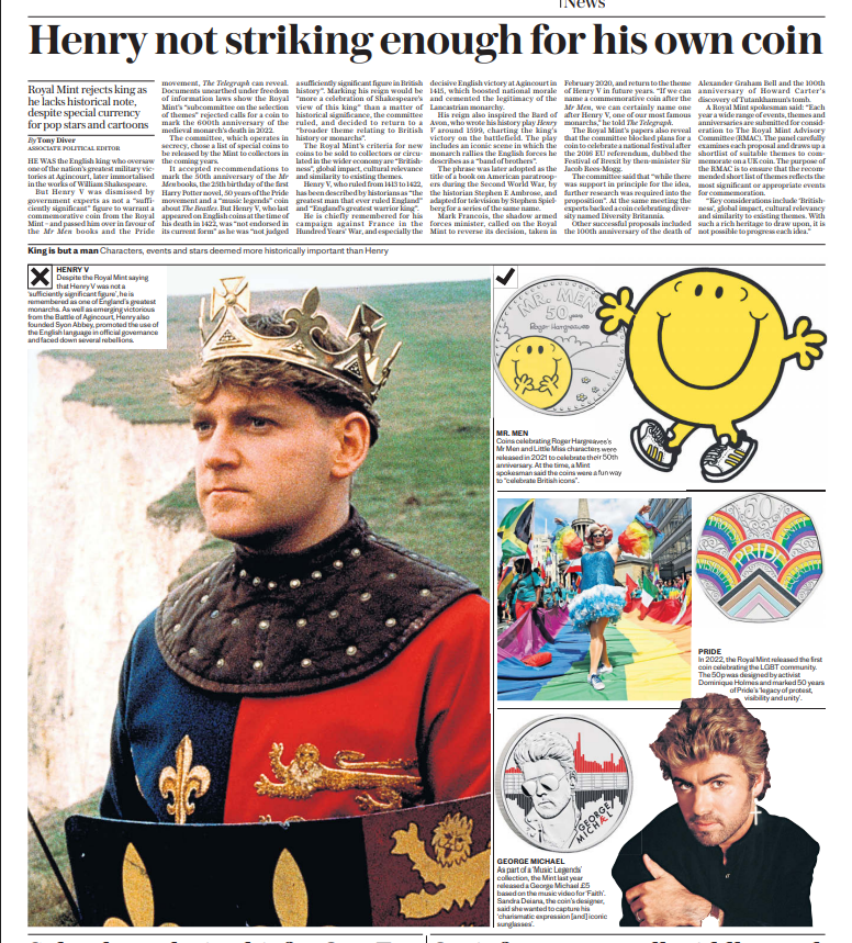 Tony Diver (@tony_diver) on Twitter photo 👑Revealed in today's <a href="/Telegraph/">The Telegraph</a>: the Royal Mint rejected a new coin celebrating the warrior-king Henry V, on the basis that he is not "sufficiently significant" in British history.
Mr Men and George Michael coins both approved. Hero of Agincourt SNUBBED.
telegraph.co.uk/news/2025/06/1… 👑Revealed in today's <a href="/Telegraph/">The Telegraph</a>: the Royal Mint rejected a new coin celebrating the warrior-king Henry V, on the basis that he is not "sufficiently significant" in British history.
Mr Men and George Michael coins both approved. Hero of Agincourt SNUBBED.
telegraph.co.uk/news/2025/06/1…
