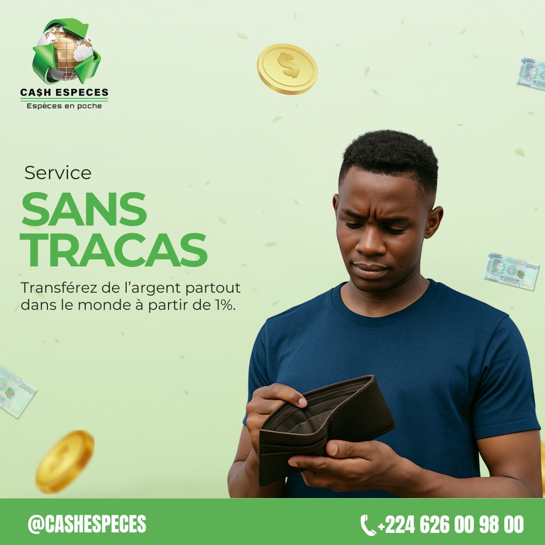 Plus de stress pour avoir du cash.

Avec nous , envoyez de l’argent à partir de 1%  rapidement, partout, et en toute confiance.

Cash Especes, Especes en poches.

#CashEspeces #TransfertDargent #ChangeDevises #Guinée