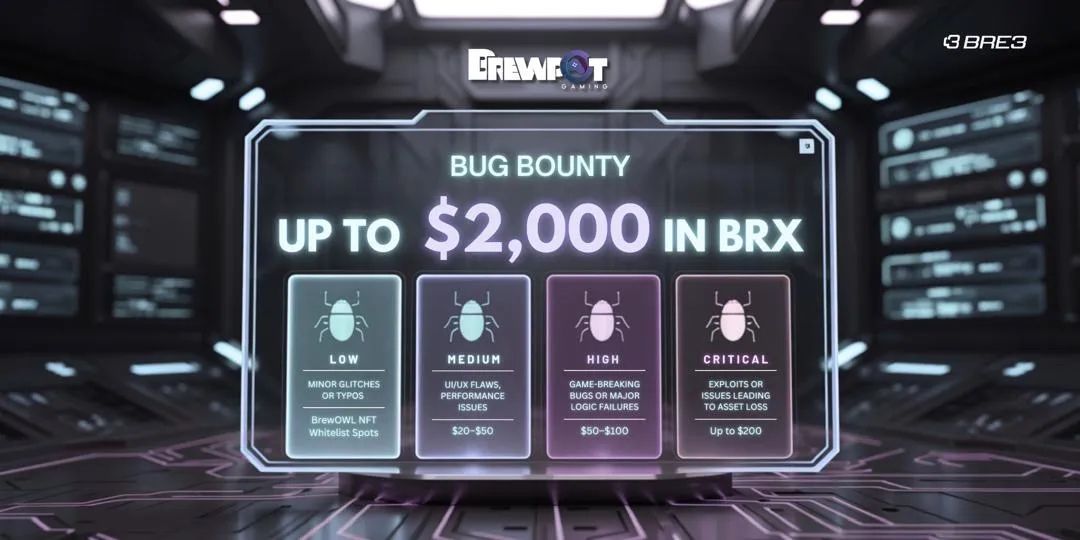 A total of up to USDT 2,000 worth of $BRX will be distributed to testers who report bugs, identify vulnerabilities, and contribute meaningful feedback.

Reward Tiers
• Critical — Asset-loss exploits: Up to $200
• High — Game-breaking bugs or major logic flaws: $50–$100
•