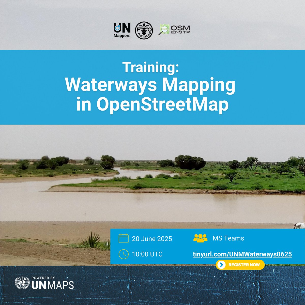 🚨 New training alert! 🚨

This Friday, 20 June, we invite you to our  mapathon to map waterways🌊 &amp; farm lands🌱 in #OpenStreetMap!

✅ Register via: tinyurl.com/UNMWaterways06…

All mappers are welcome! 🌐

Become a @UNMapper! 💙

#UNMaps #UNMappers #mapping #training