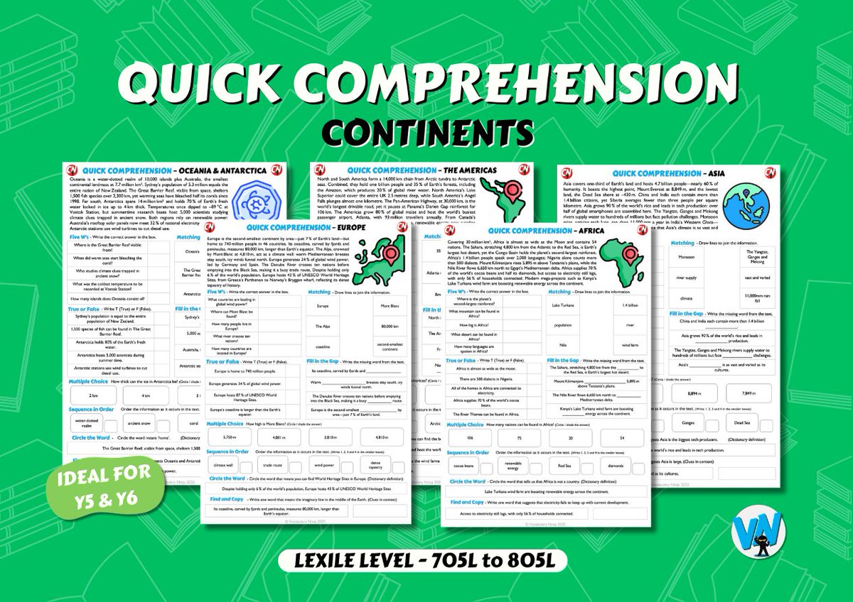 🥷 NEW - Quick Comps - CONTINENTS - Topic Bundles 📚📝

💻 - bit.ly/43Cp71B

📚 Each bundle had 5 unique texts and questions
📙 Original non-fiction texts
📈 Text levelled via Lexile Levels.
⏰ Complete in 10-15 minutes

#reading #comprehension #teacherresources