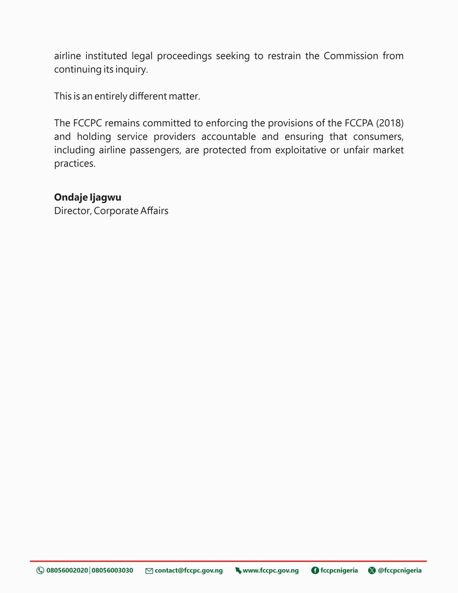 FCCPC Summons Air Peace Over Non-Refund of Ticket Fares

Monday, June 16, 2025: The Federal Competition and Consumer Protection Commission (FCCPC) has summoned the management of Air Peace Limited over a deluge of consumer complaints from across the country relating to the