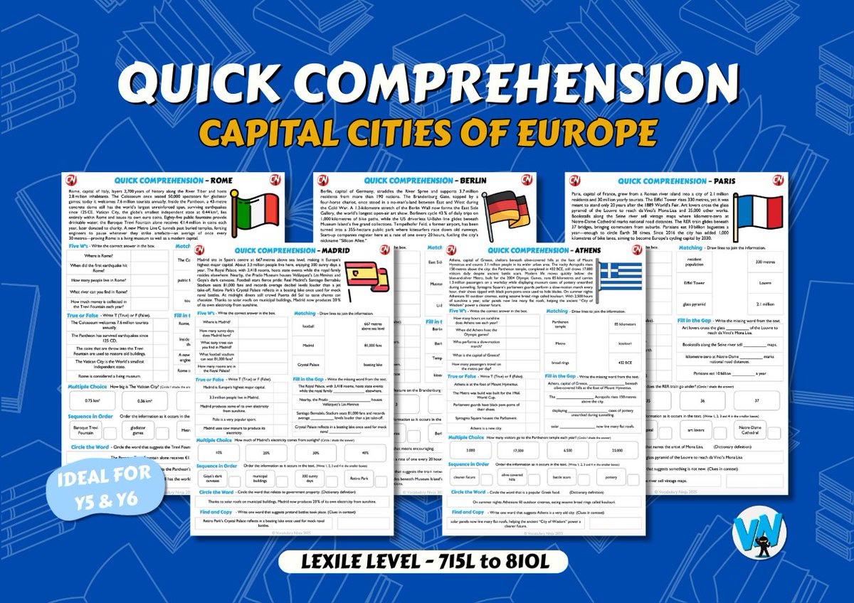 🥷 NEW - Quick Comps - CAPITALS - Topic Bundles 📚📝

💻 - bit.ly/43Cp71B

📚 Each bundle had 5 unique texts and questions
📙 Original non-fiction texts
📈 Text levelled via Lexile Levels.
⏰ Complete in 10-15 minutes

#reading #comprehension #teacherresources